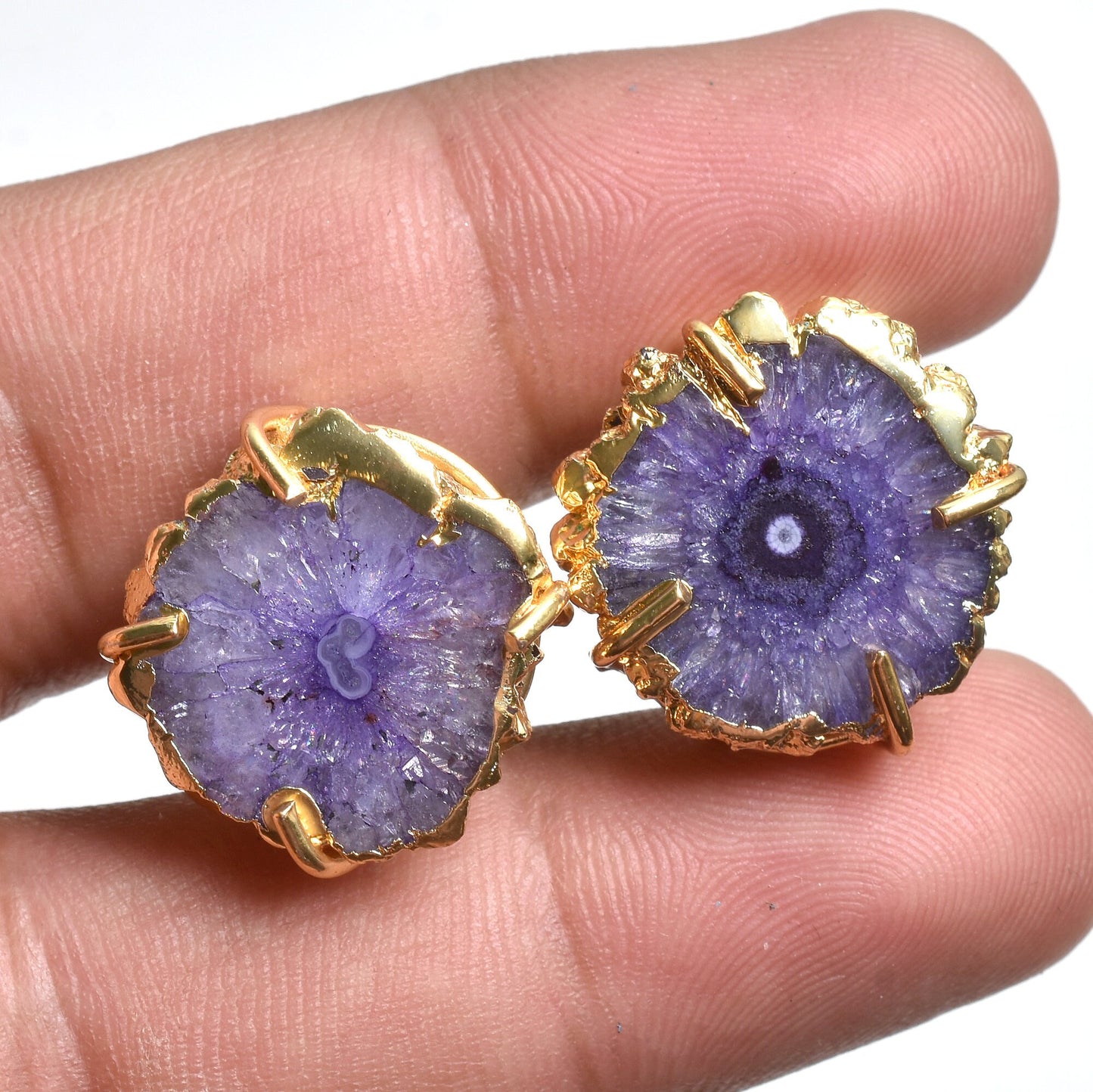 Solar Quartz Stalactite Slice Stud Earrings – Gold Plated Round Crystal Studs For Women