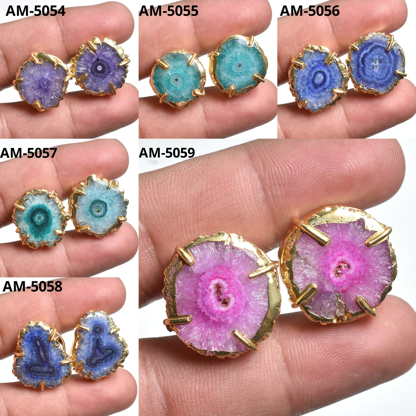 Solar Quartz Stalactite Slice Stud Earrings – Gold Plated Round Crystal Studs For Women
