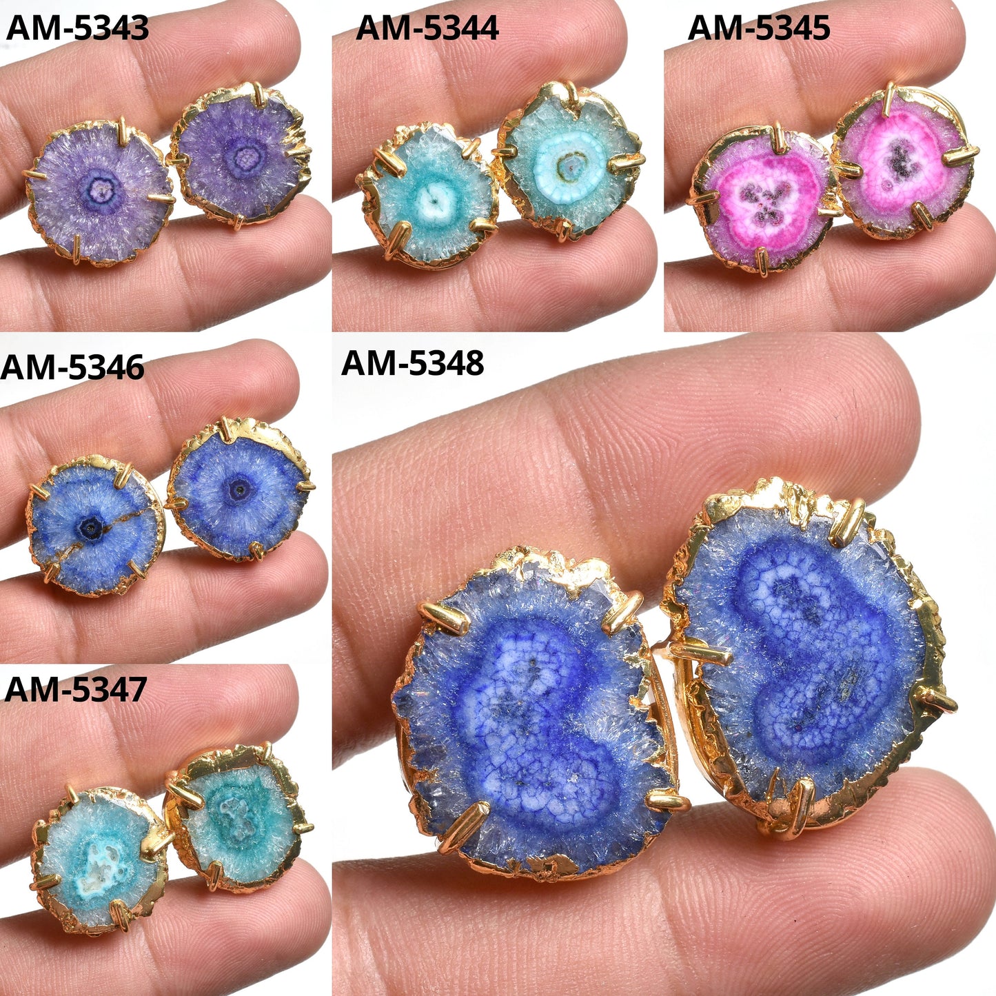 Beautiful Colors Solar Quartz Earrings Pair - Gold Plated Stud Crystals Wholesale Stalactite Slice Studs