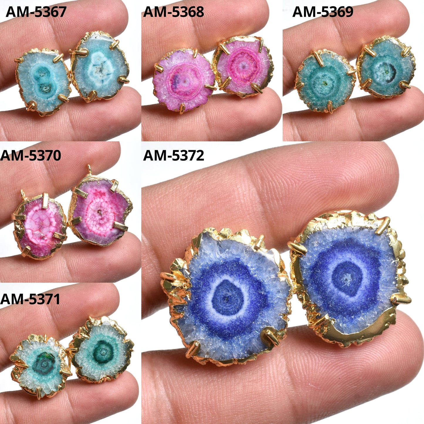 All-Color Solar Quartz Stud Earrings, Gold Electroplated Jewelry