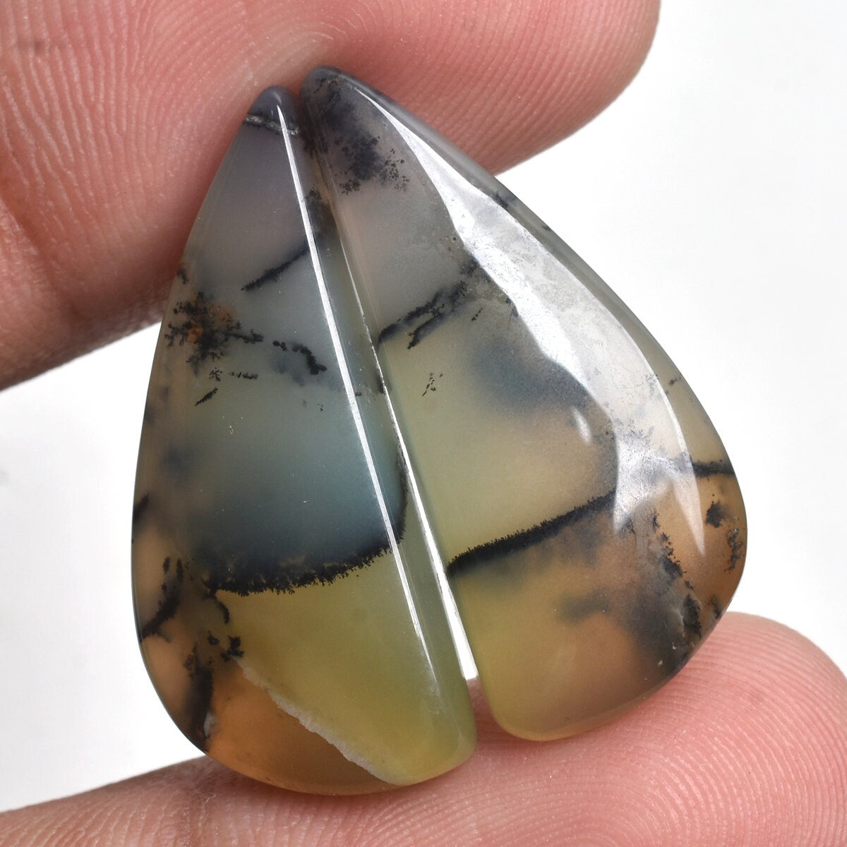 Natural Dendrite Opal Cabochon Pair - Fancy Shape Gemstone Pair for Earrings, Wholesale Matching Gemstone Pair