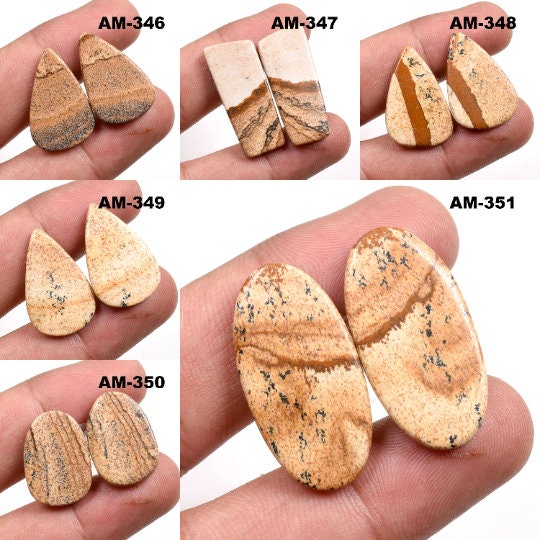100% Natural Picture Jasper Gemstone Pair - Matched Picture Jasper Earrings Pair