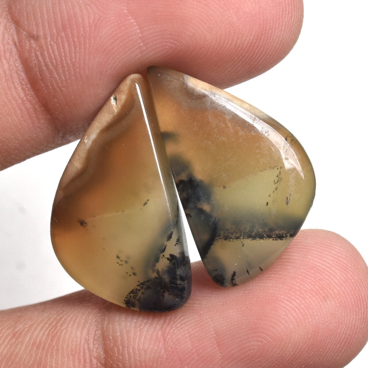 Natural Dendrite Opal Cabochon Pair - Fancy Shape Gemstone Pair for Earrings, Wholesale Matching Gemstone Pair