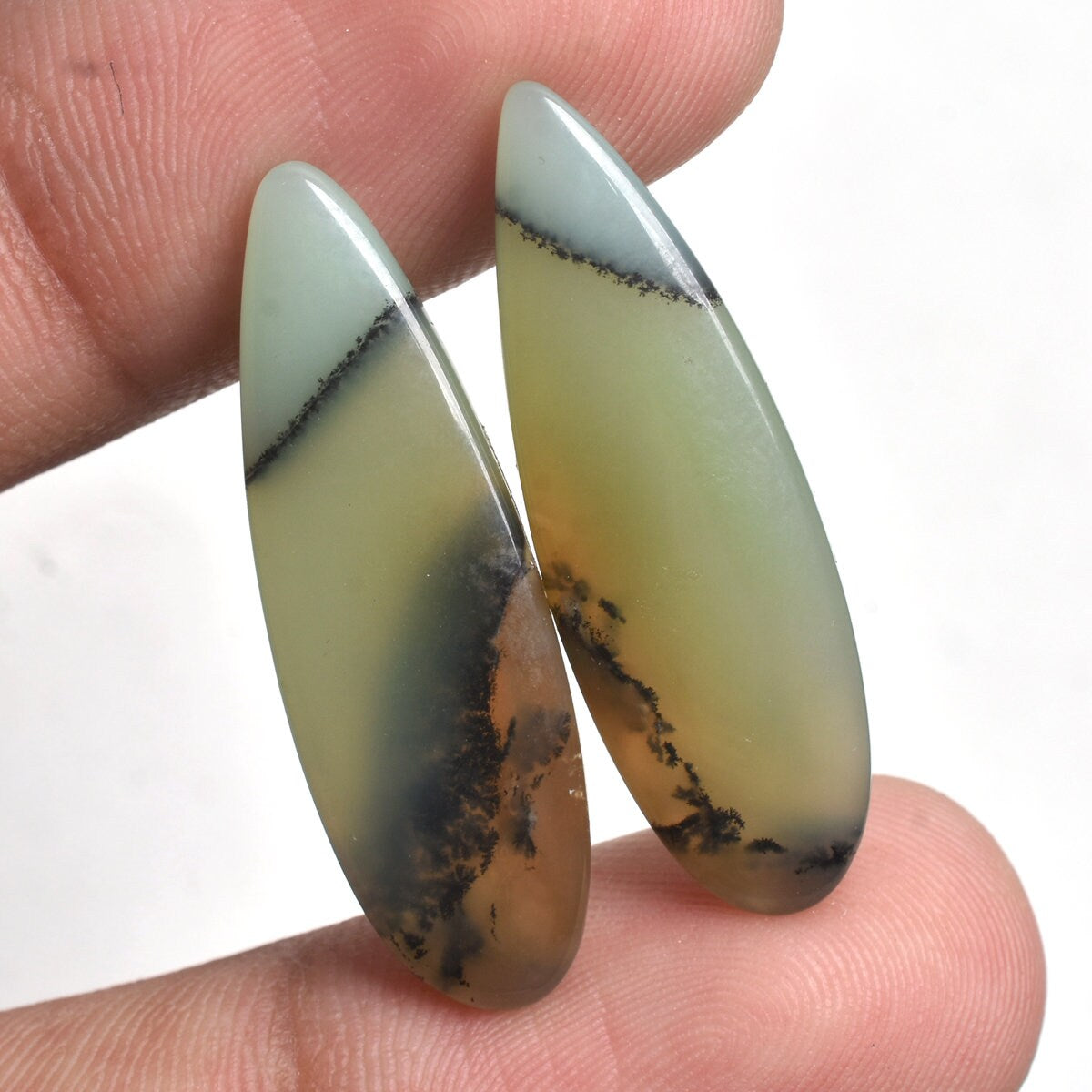 Natural Dendrite Opal Cabochon Pair - Fancy Shape Gemstone Pair for Earrings, Wholesale Matching Gemstone Pair