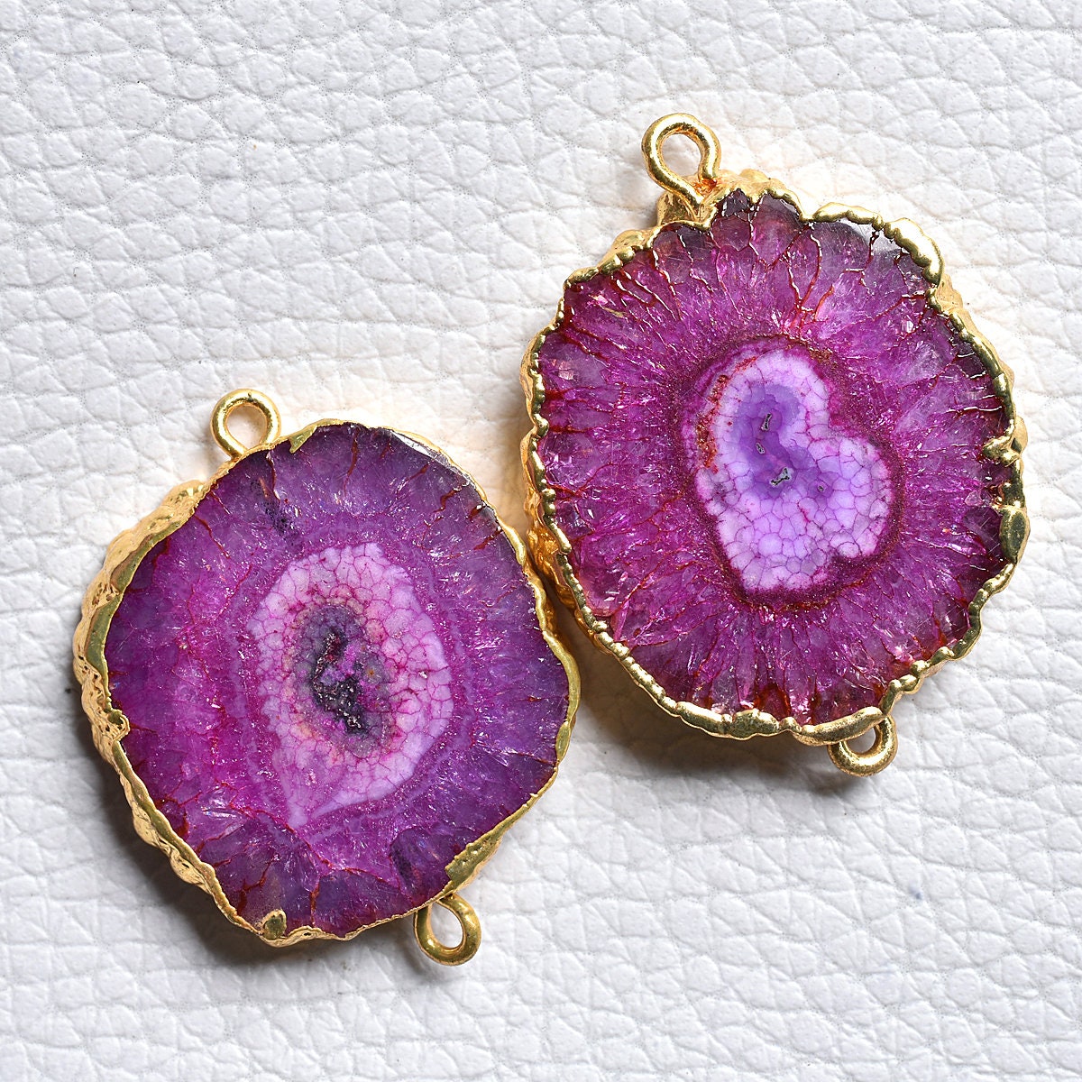 Pink Solar Quartz Slice Earrings Pairs Connectors – Gold Plated Double Bail Findings
