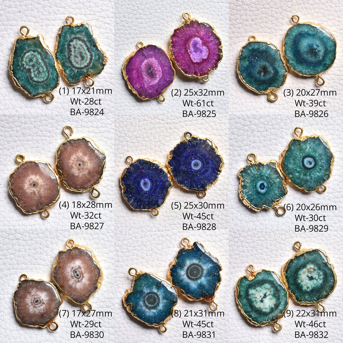 Pink Solar Quartz Slice Earrings Pairs Connectors – Gold Plated Double Bail Findings