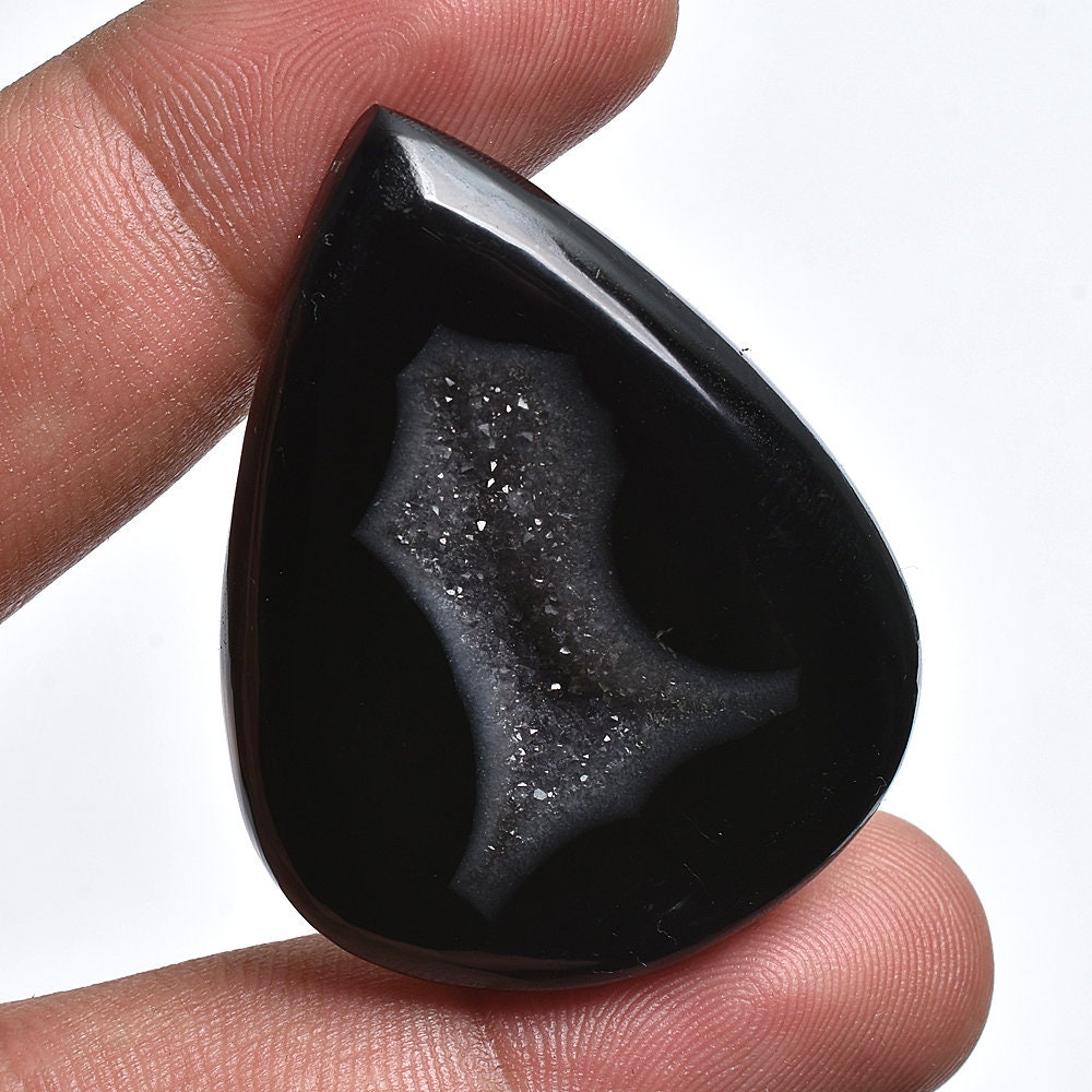Charms! Black Druzy Cabochon - Natural Pear-Fancy Window Gemstone