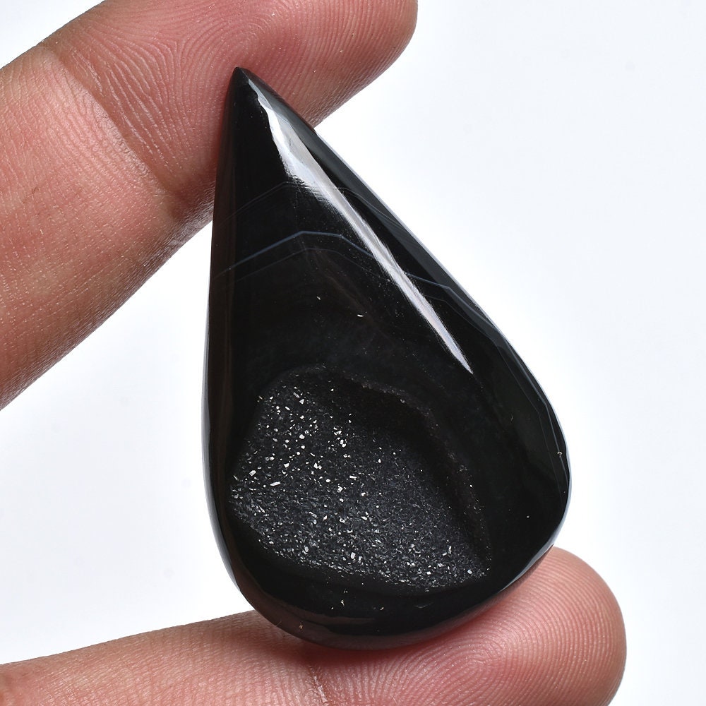 Charms! Black Druzy Cabochon - Natural Pear-Fancy Window Gemstone