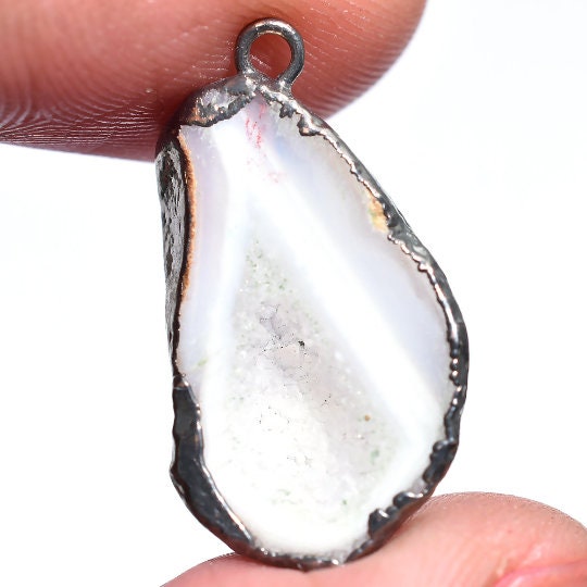 Natural White Agate Druzy Pendant Charms - Black Plated Edge, Stalactite Agate Jewelry Supplies