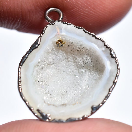 Natural White Agate Druzy Pendant Charms - Black Plated Edge, Stalactite Agate Jewelry Supplies