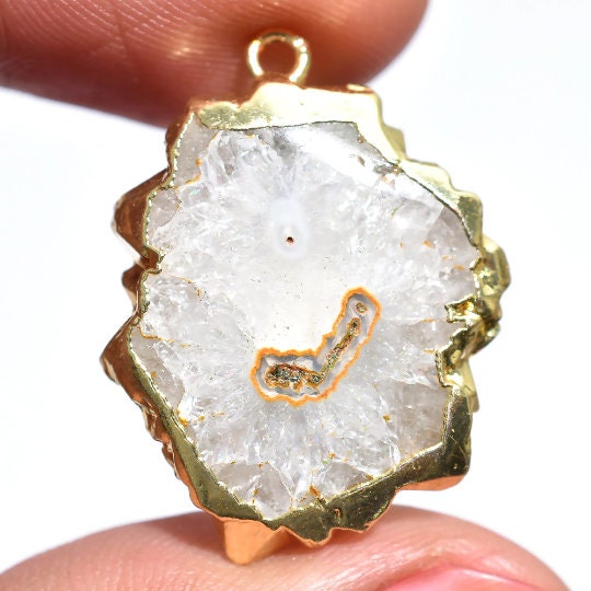 Solar Quartz Gold Electroplated Charm, Solar Quartz Gold Plated Single Bail, DIY Pendant, Solar Quartz Finding, Round Solar Druzy Charms