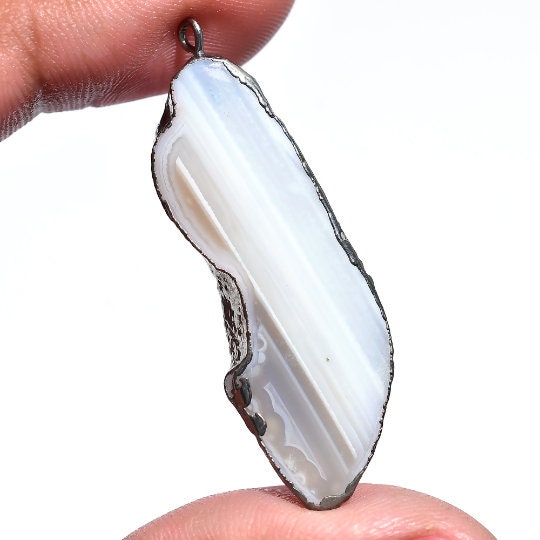 Natural White Agate Druzy Pendant Charms - Black Plated Edge, Stalactite Agate Jewelry Supplies