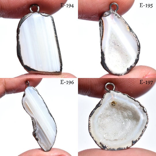 Natural White Agate Druzy Pendant Charms - Black Plated Edge, Stalactite Agate Jewelry Supplies
