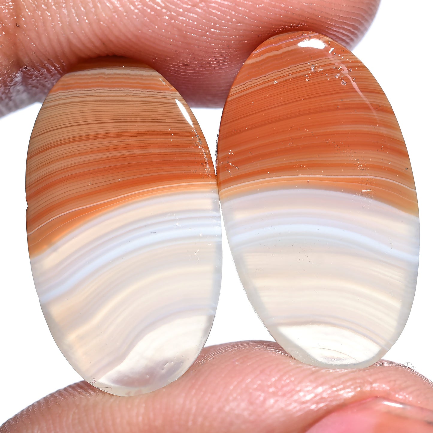 Orange Banded Agate Pair - Oval Cabochon Smooth Stones for Earrings