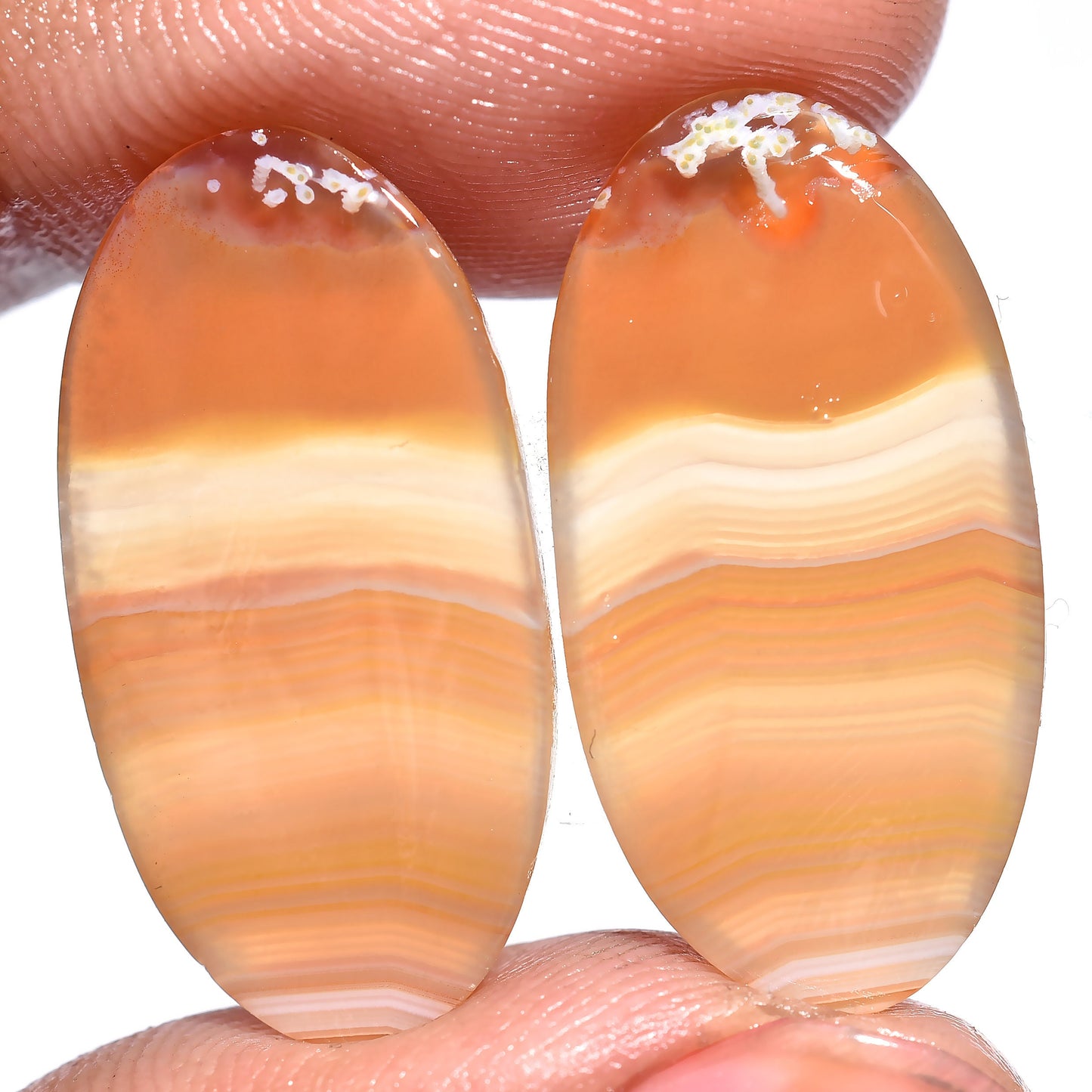 Orange Agate Polished Banded Gemstone Pair - Oval Earrings Matched Agate Stones