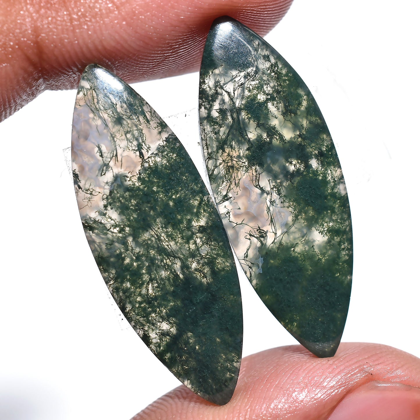 Marquise-Shaped Moss Agate Cabochon Pair - Smooth Polished Agate Gemstone for Earrings