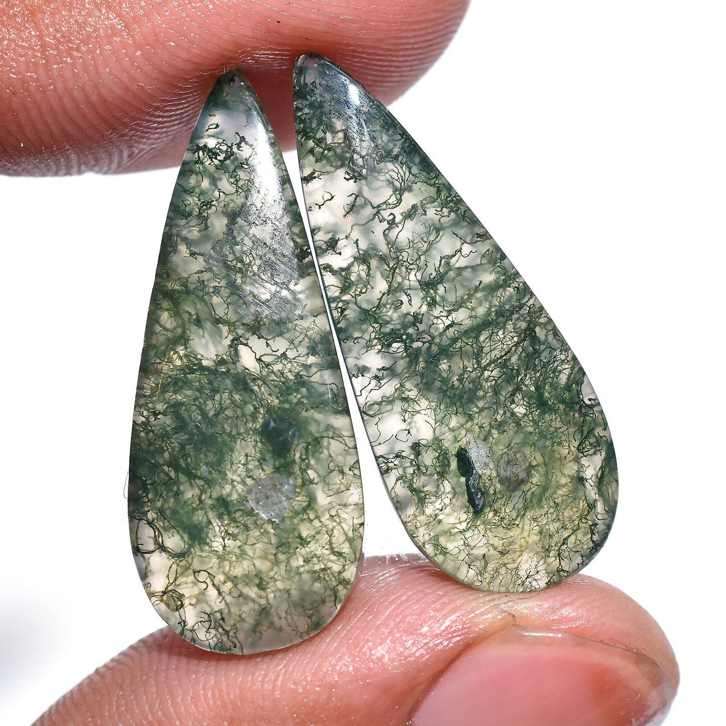 Unique Moss Agate Loose Gemstones - Pear Shaped Green Moss Agate Cabochon Pair