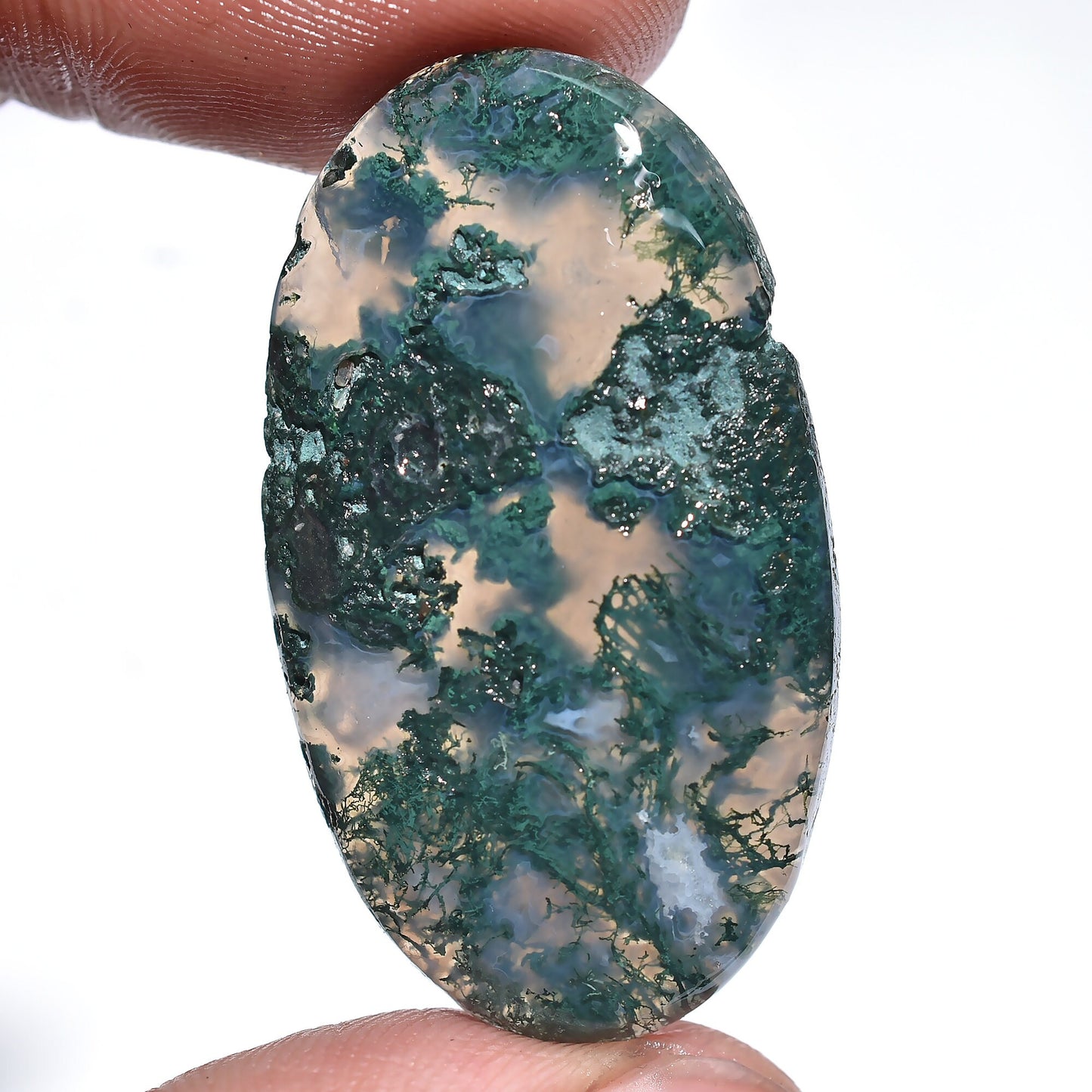 Moss Agate Cabochon - Oval Dark Green with Smooth Flat Back for Jewelry Making
