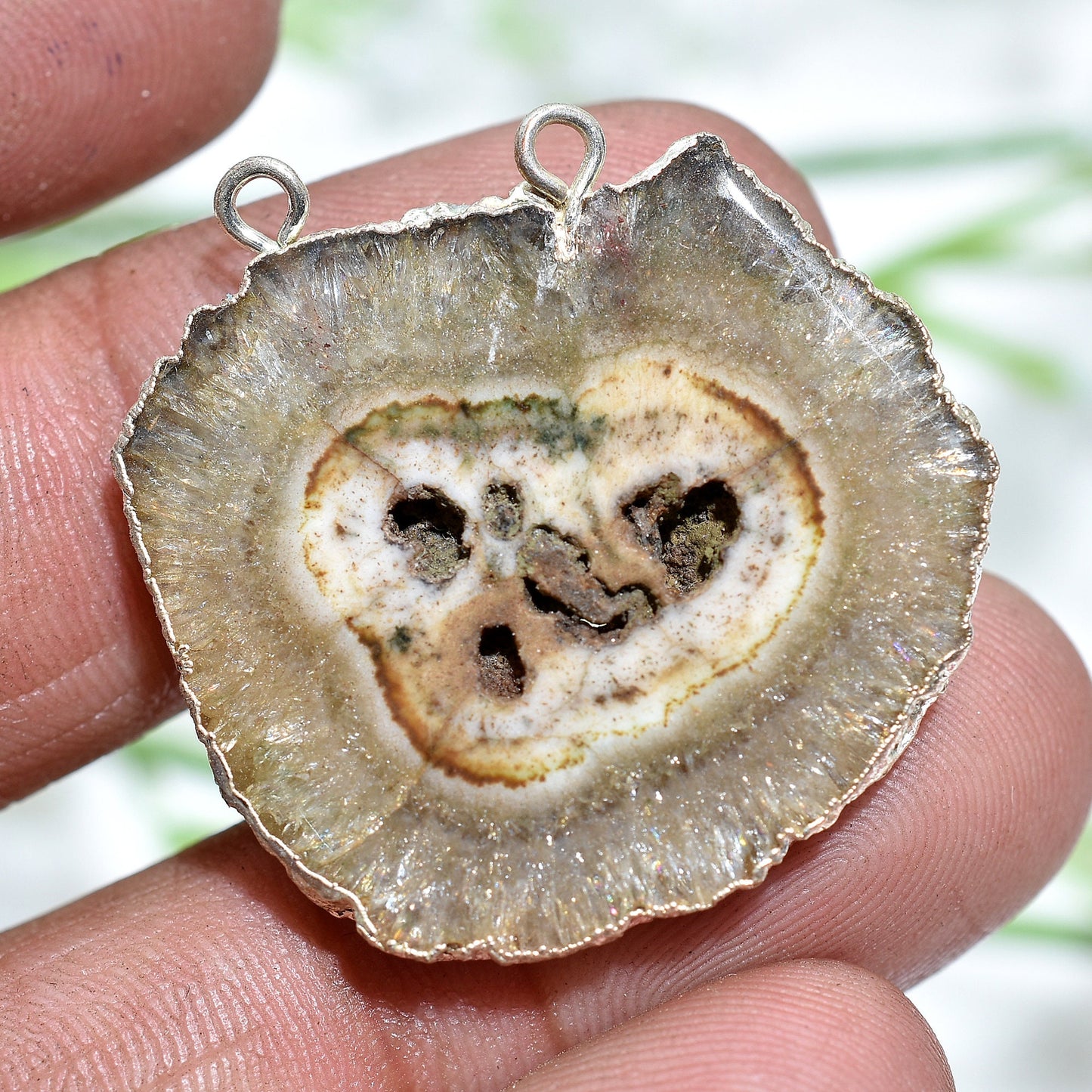 Solar Quartz Connector - Double Bail Silver Electroplated Gemstone for DIY Jewelry Necklace