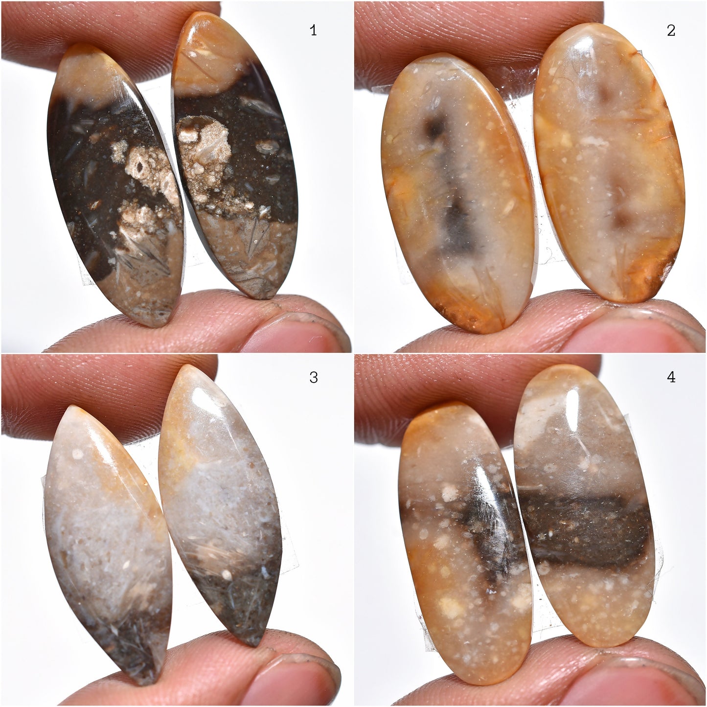 Natural Palm Root Agate Gemstone Pair - Polished Oval Cabochons for Custom Earrings
