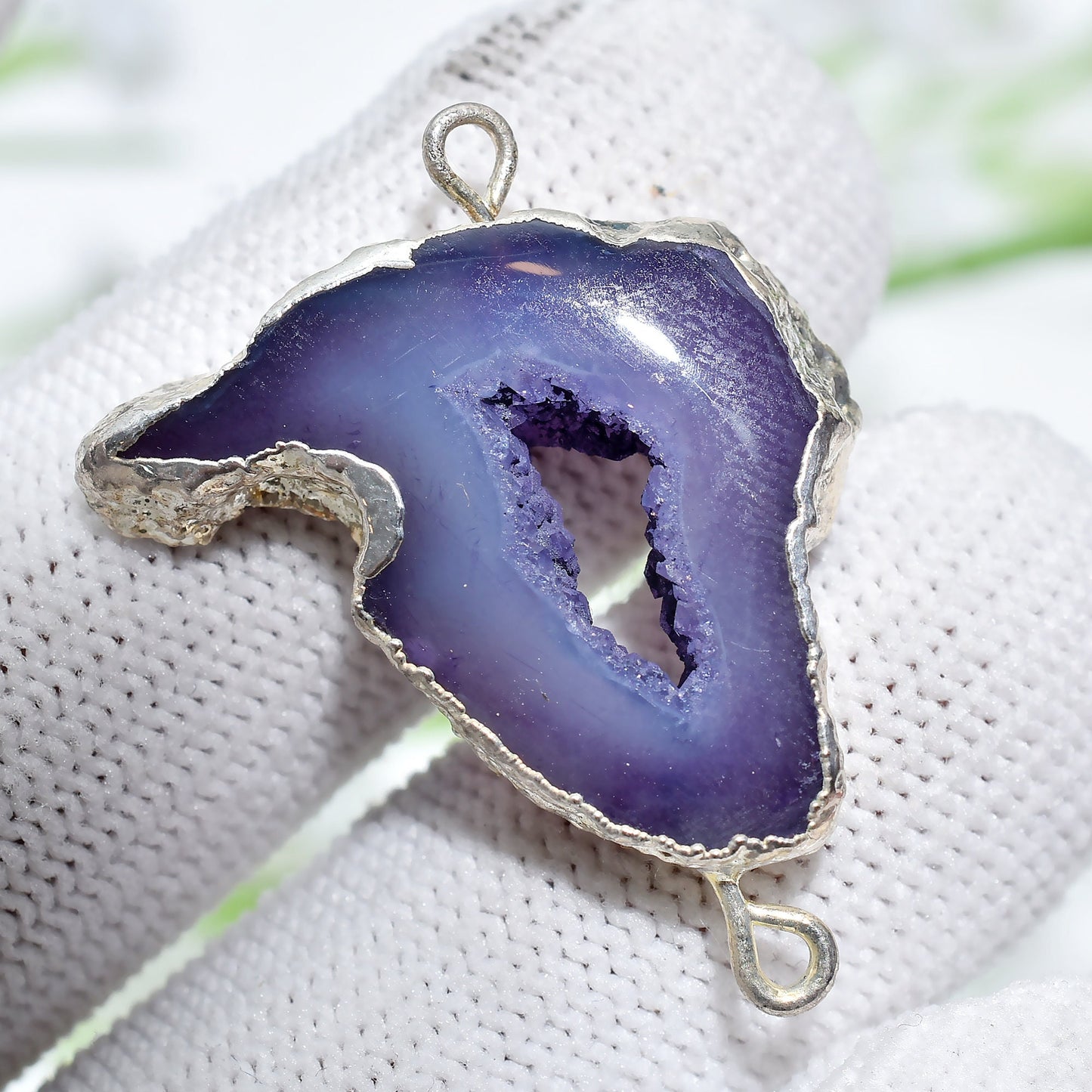 Geode Druzy Charm Connectors - Silver Electroplated Double Bail for DIY