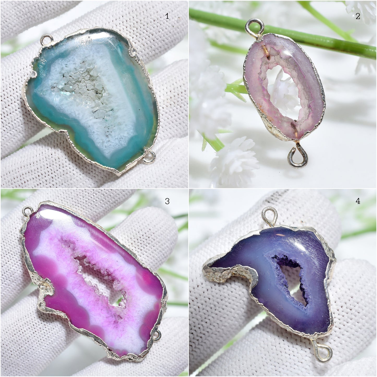 Geode Druzy Charm Connectors - Silver Electroplated Double Bail for DIY