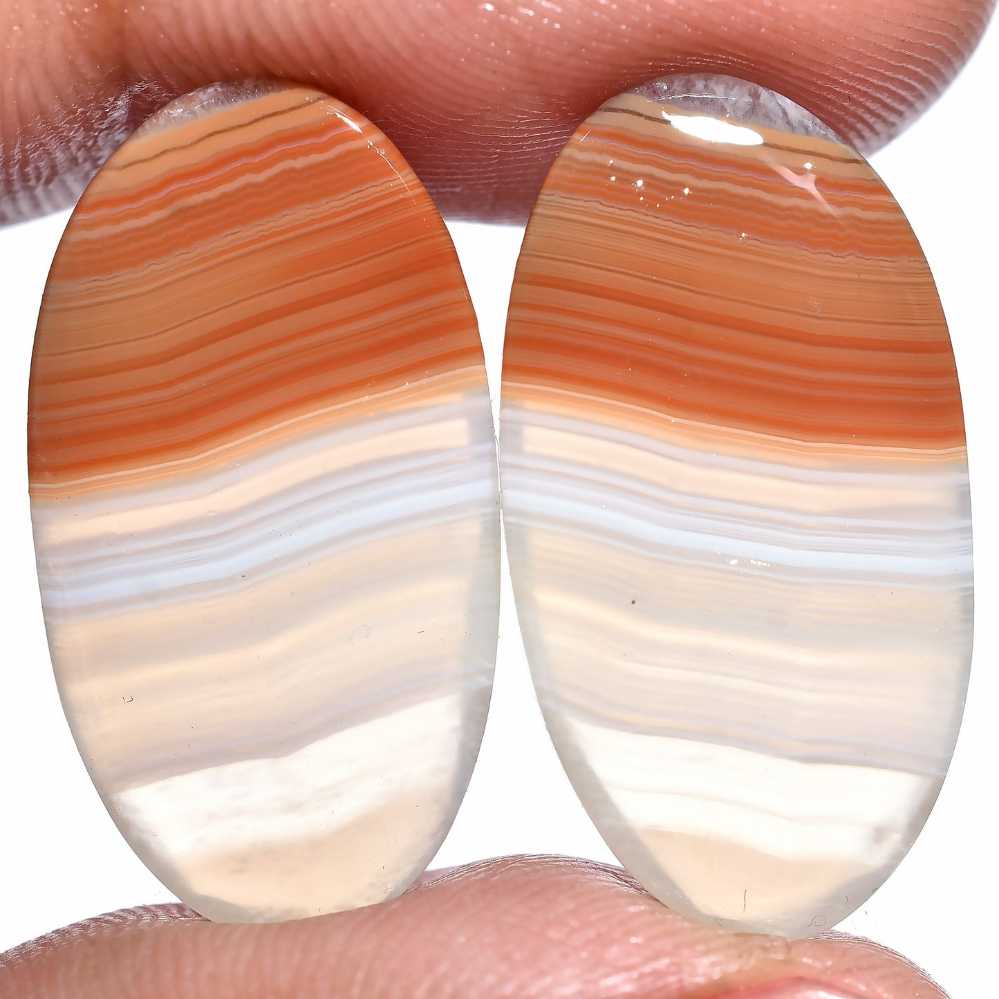 Orange Banded Agate Pair - Oval Cabochon Smooth Stones for Earrings