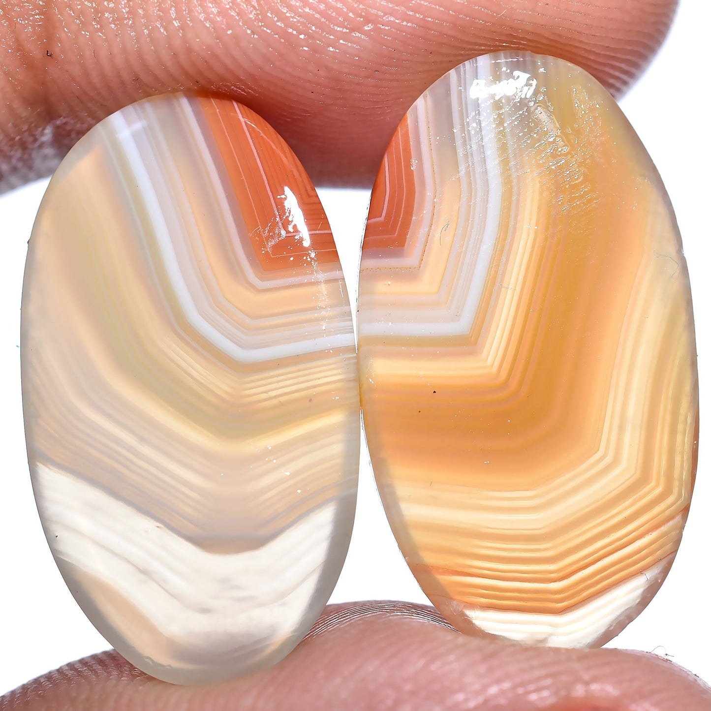 Orange Banded Agate Pair - Oval Cabochon Smooth Stones for Earrings