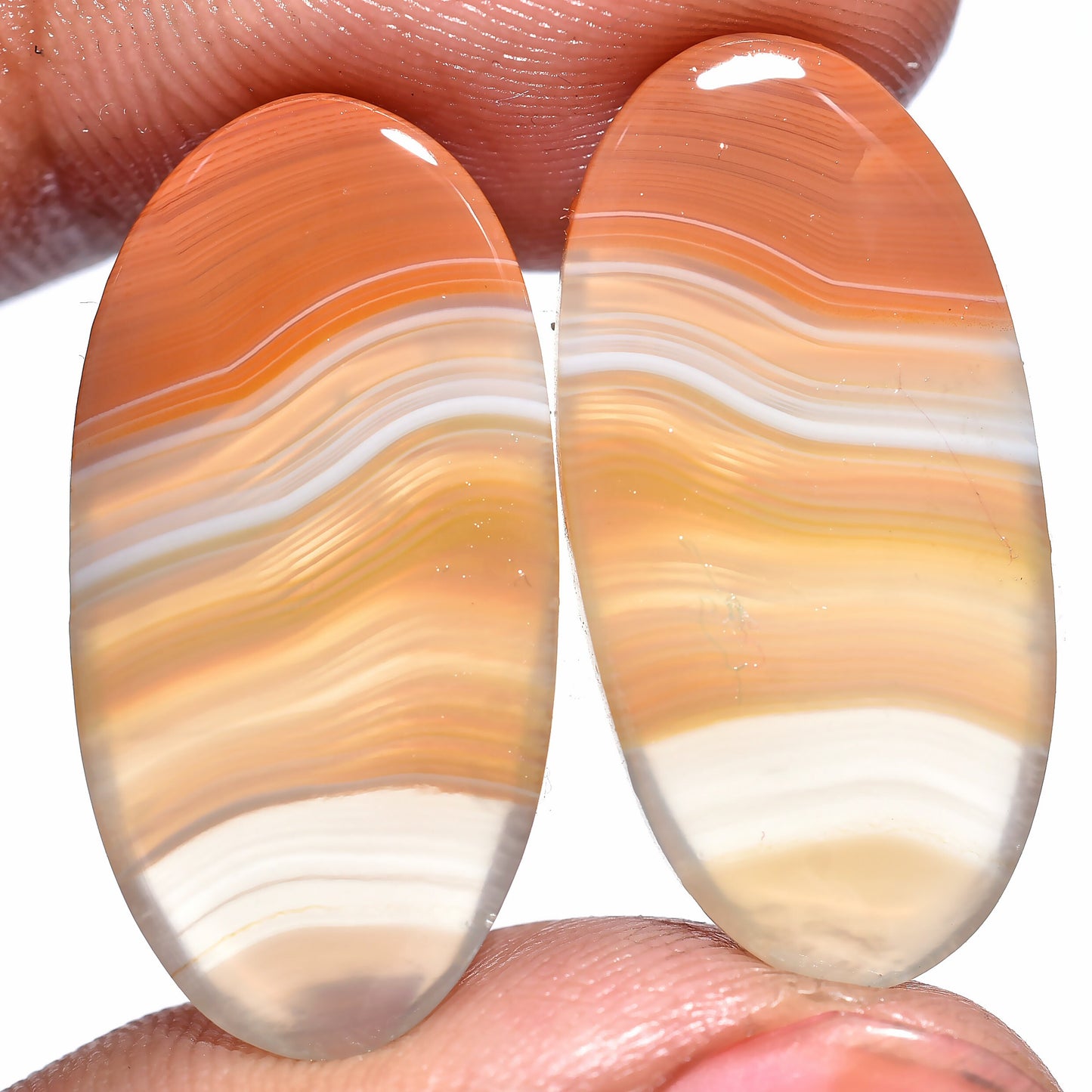 Rare Orange Banded Agate Pair – Oval Cabochon Pair, Smooth Loose Gemstones for Jewelry Making