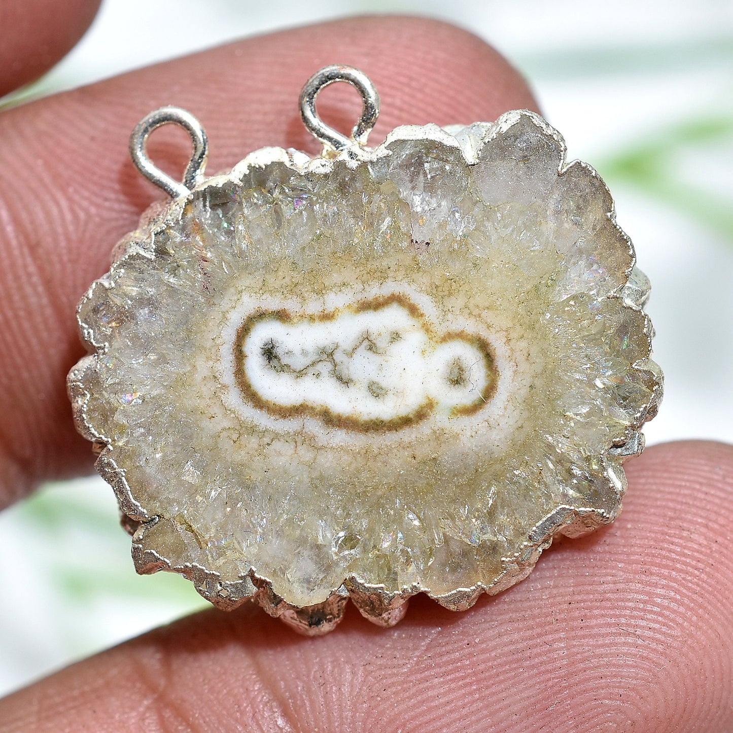 Solar Quartz Connector - Double Bail Silver Electroplated Gemstone for DIY Jewelry Necklace