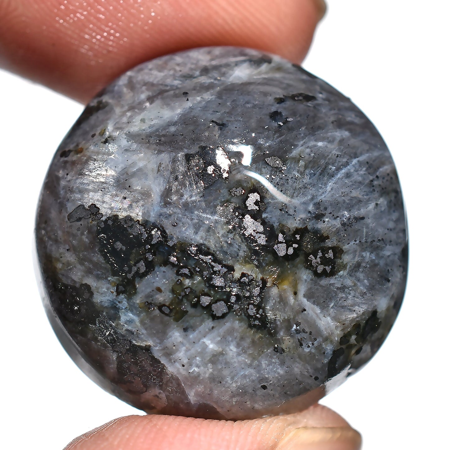 Natural Grey Larvikite Pendant – Smooth Round Crystal for Handmade Jewelry Gifts