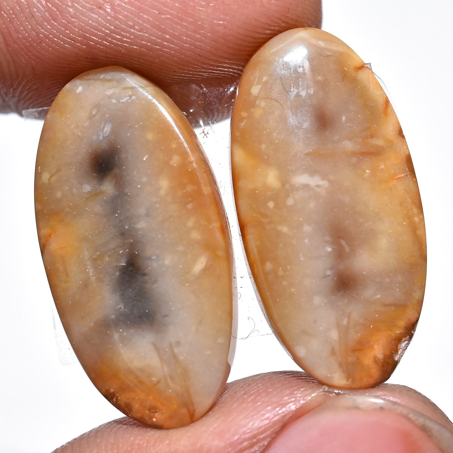 Natural Palm Root Agate Gemstone Pair - Polished Oval Cabochons for Custom Earrings