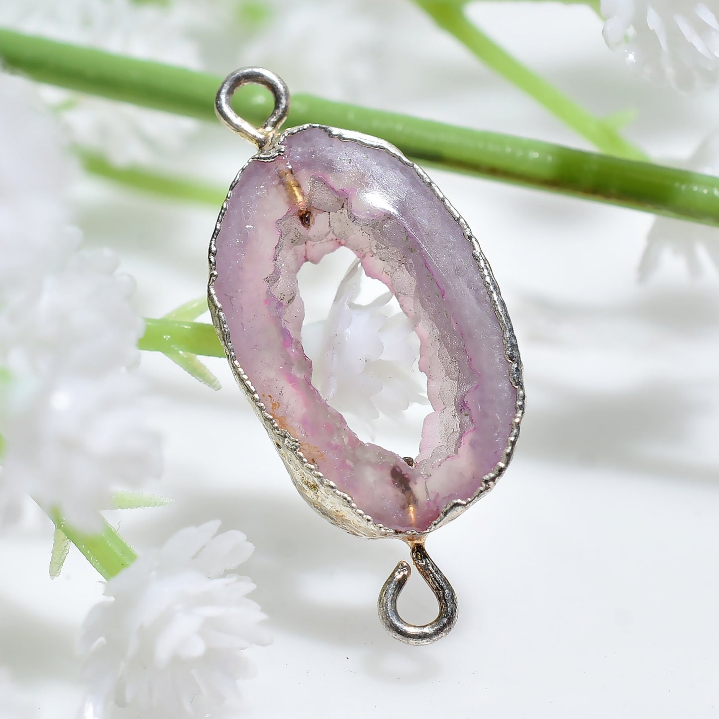 Geode Druzy Charm Connectors - Silver Electroplated Double Bail for DIY