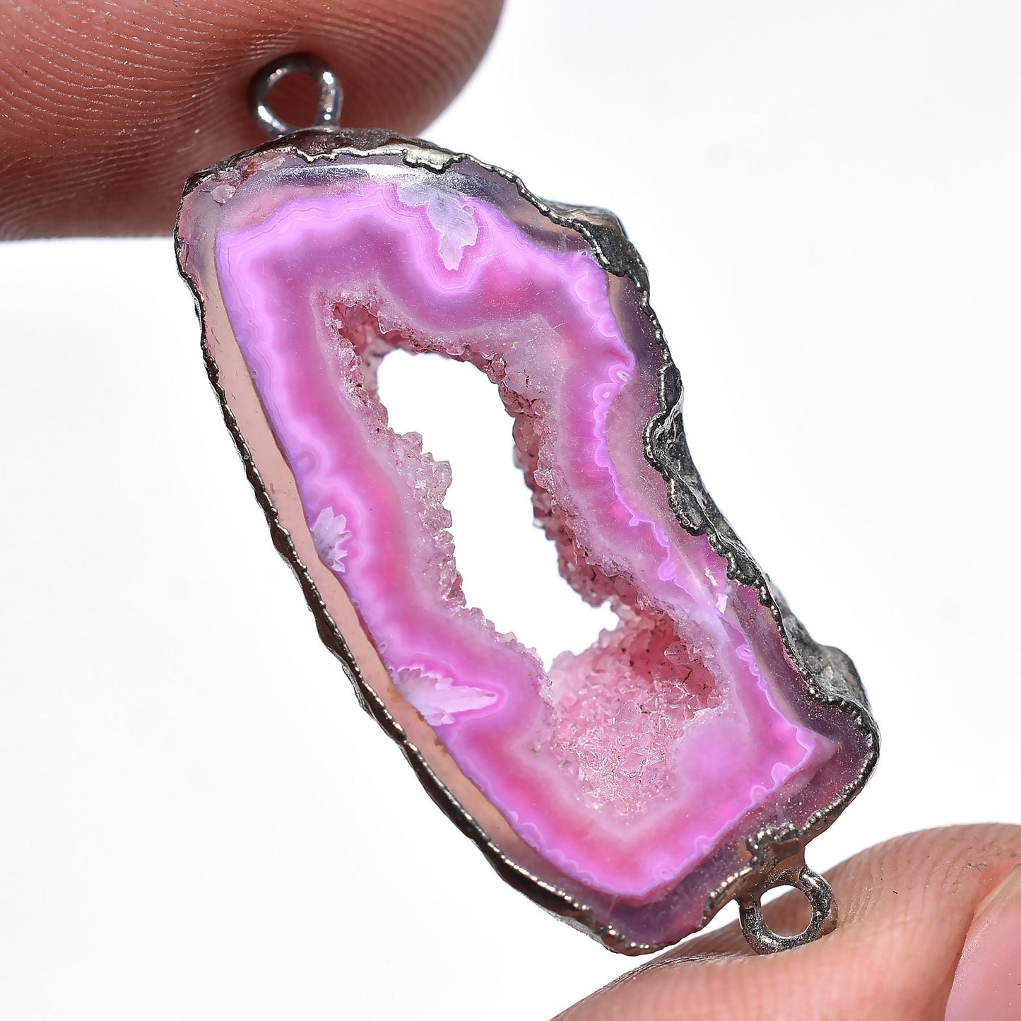 Unique Window Druzy Charm Connector – Black Electroplated Geode Agate Slice for DIY