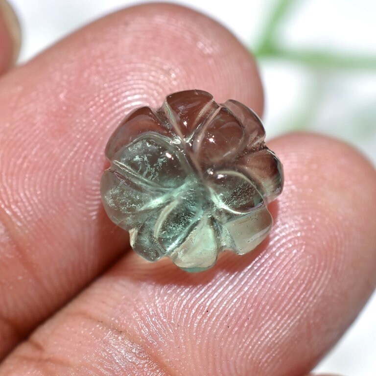 Pretty Flower Design Fluorite Cabochon - Hand-Carved Green Crystal Jewelry