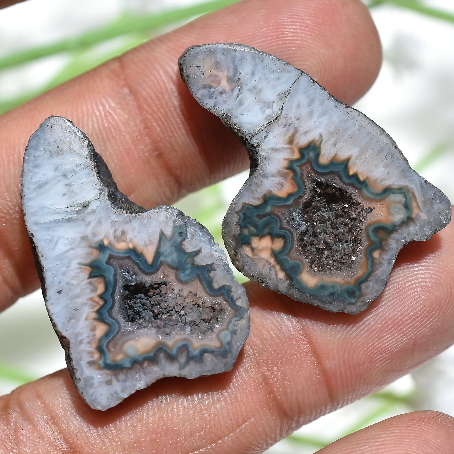 Black Solar Quartz Gemstone Pair – Loose Druzy Cabochons for Earrings