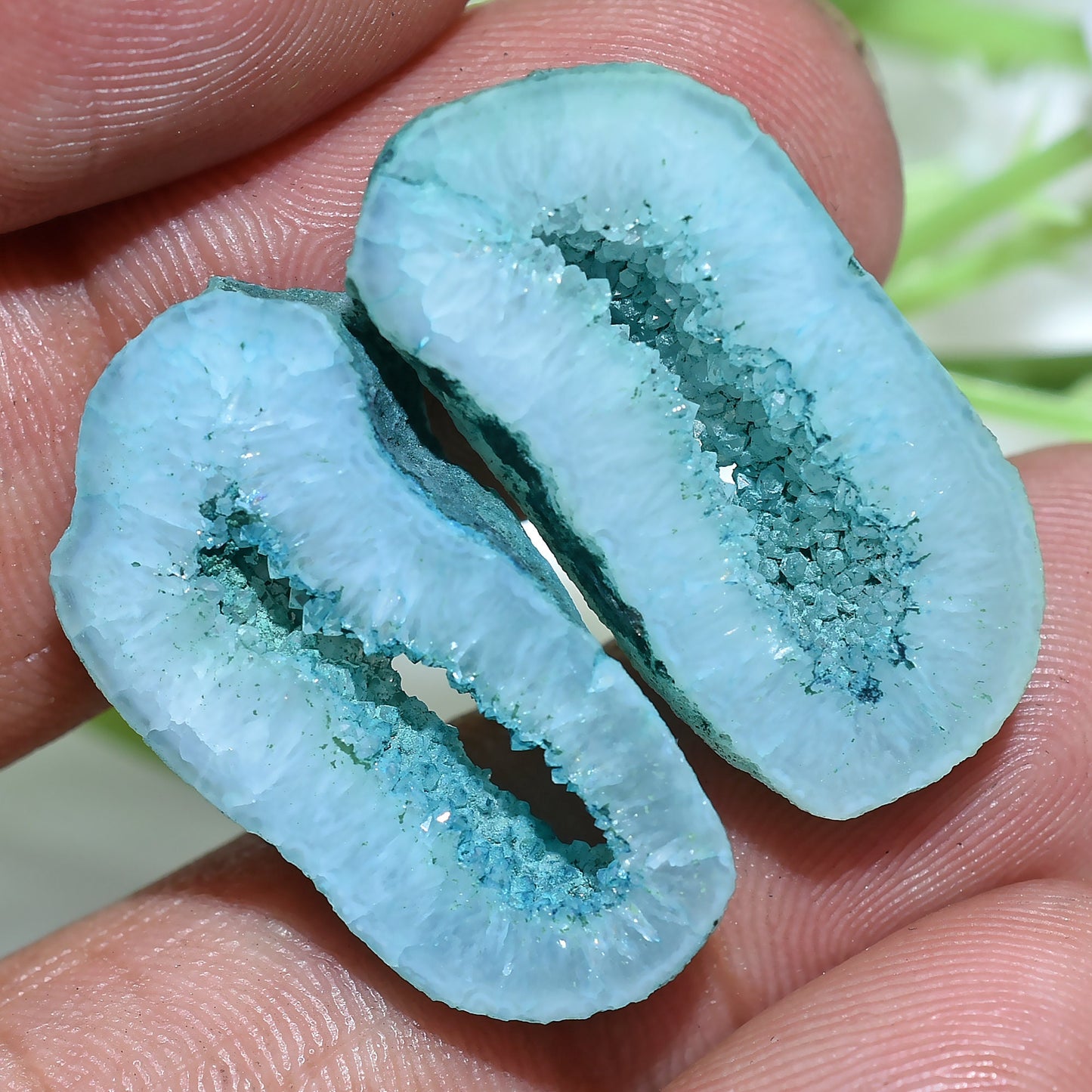 Sky Blue Solar Quartz Window Agate Pair – Fancy Druzy Geode Gemstones for Earrings