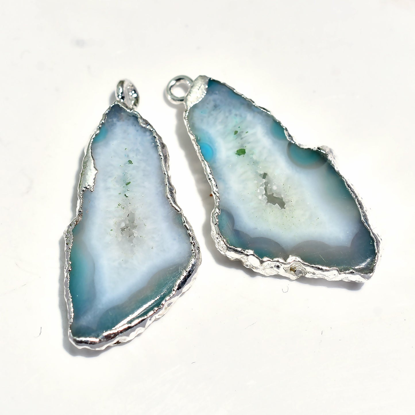 Exquisite Solar Quartz Geode Connector Earrings – Silver Electroplated Handmade Jewelry