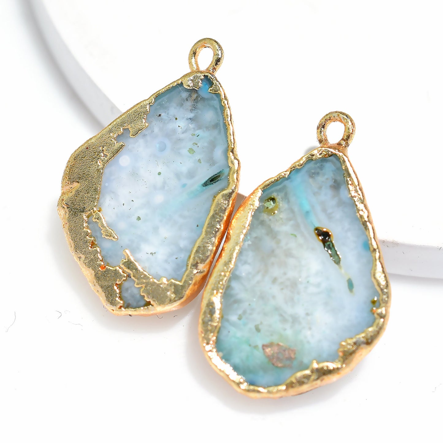 Natural Blue Geode Druzy Earring Pair – Gold Electroplated Single Bail DIY Quartz Gemstone Charm Connector