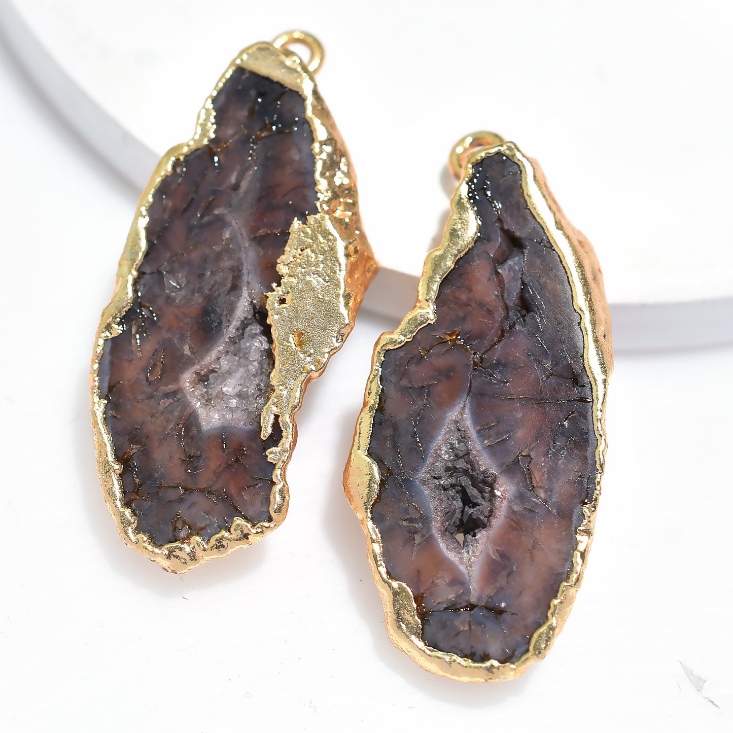 Natural Blue Geode Druzy Earring Pair – Gold Electroplated Single Bail DIY Quartz Gemstone Charm Connector