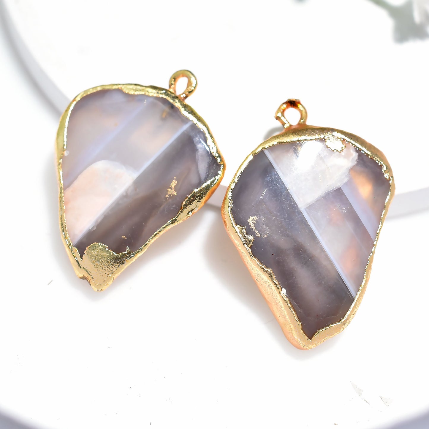 Agate Druzy Slice Charms Earring Pair – Brown-Blue Gold Electroplated Stones