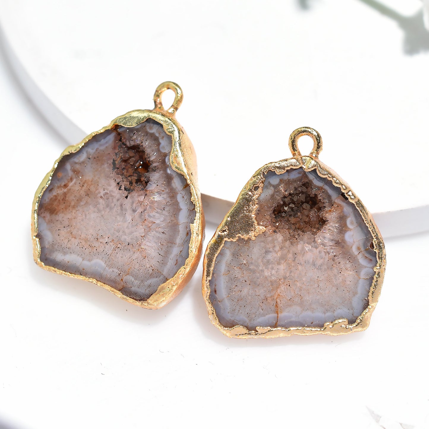 Agate Druzy Slice Charms Earring Pair – Brown-Blue Gold Electroplated Stones