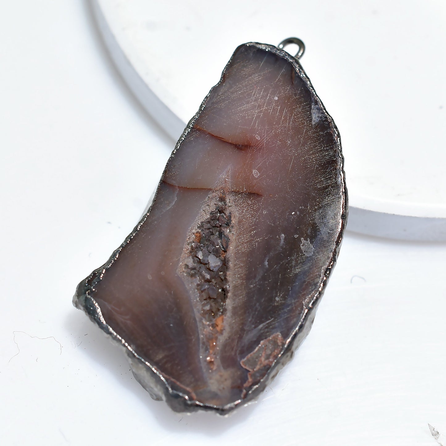 Solar Quartz Pendant – Fancy Brown Blue Druzy Gemstone Slice for DIY Jewelry