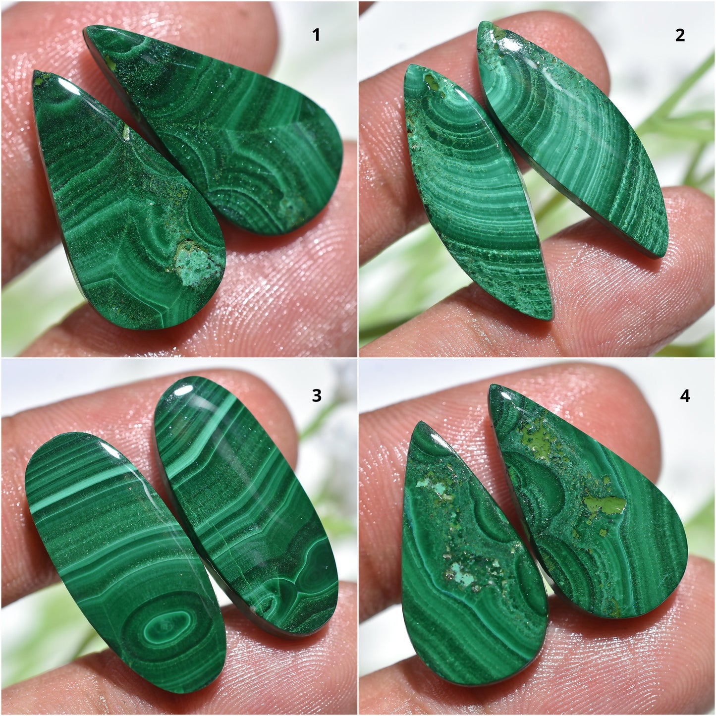 Natural Green Malachite Gemstone Pair – Smooth Flat Back Malachite Cabochon for Jewelry Making