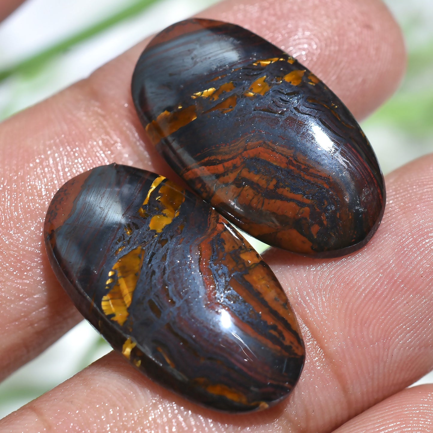 Natural Iron Tiger Eye Pair Cabochon - Oval Flat Back Stones for Earring Making