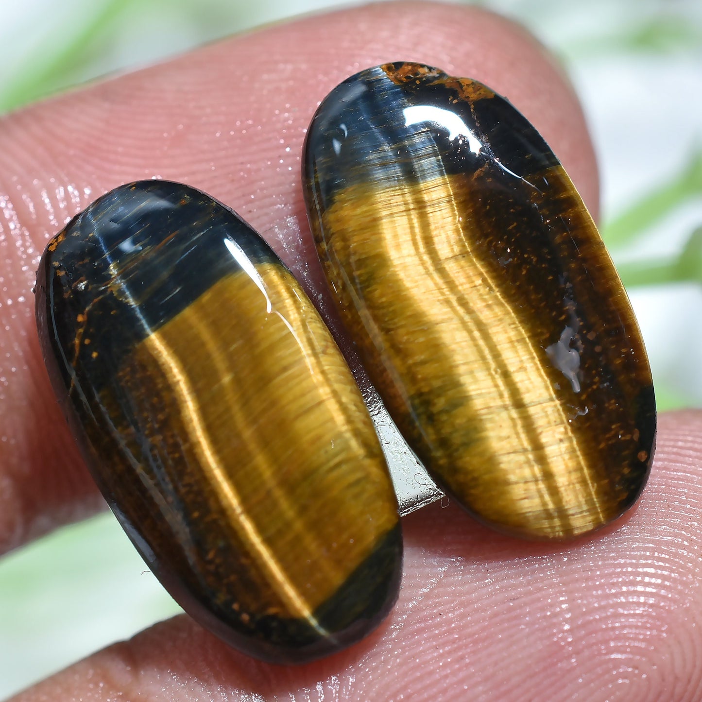 Antique Yellow-Brown Tiger Eye Gemstone Pair – Oval Cabochon Earring Pair, Polished & Flat Back