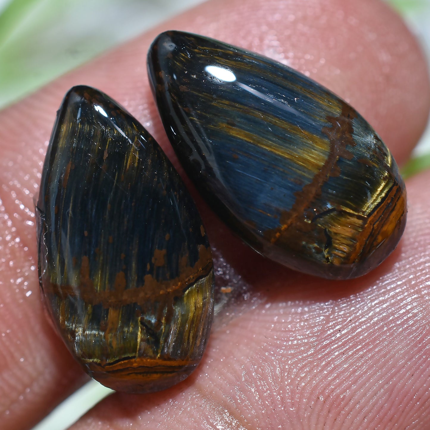 Top Quality Tiger Eye Cabochon Pair - Pear Shaped, Smooth Polished Gemstones