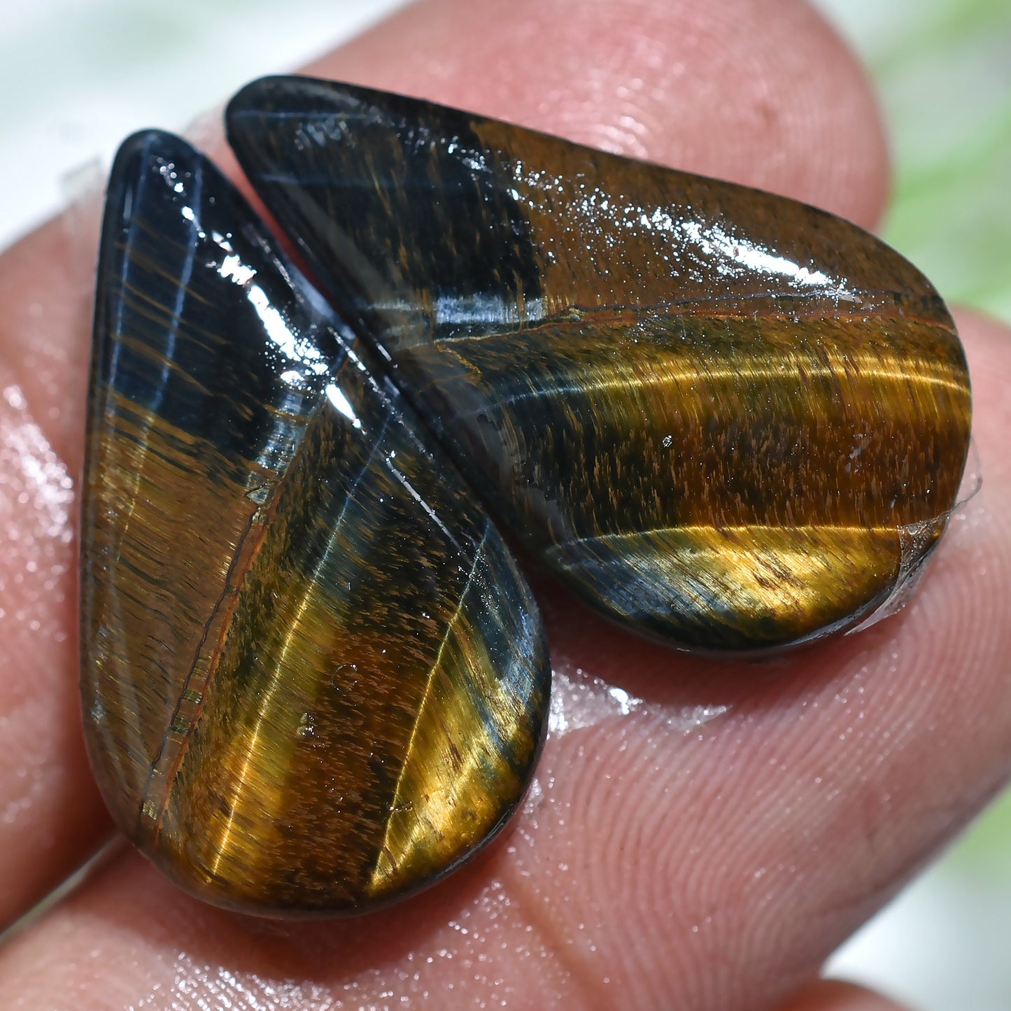 Top Quality Tiger Eye Cabochon Pair - Pear Shaped, Smooth Polished Gemstones