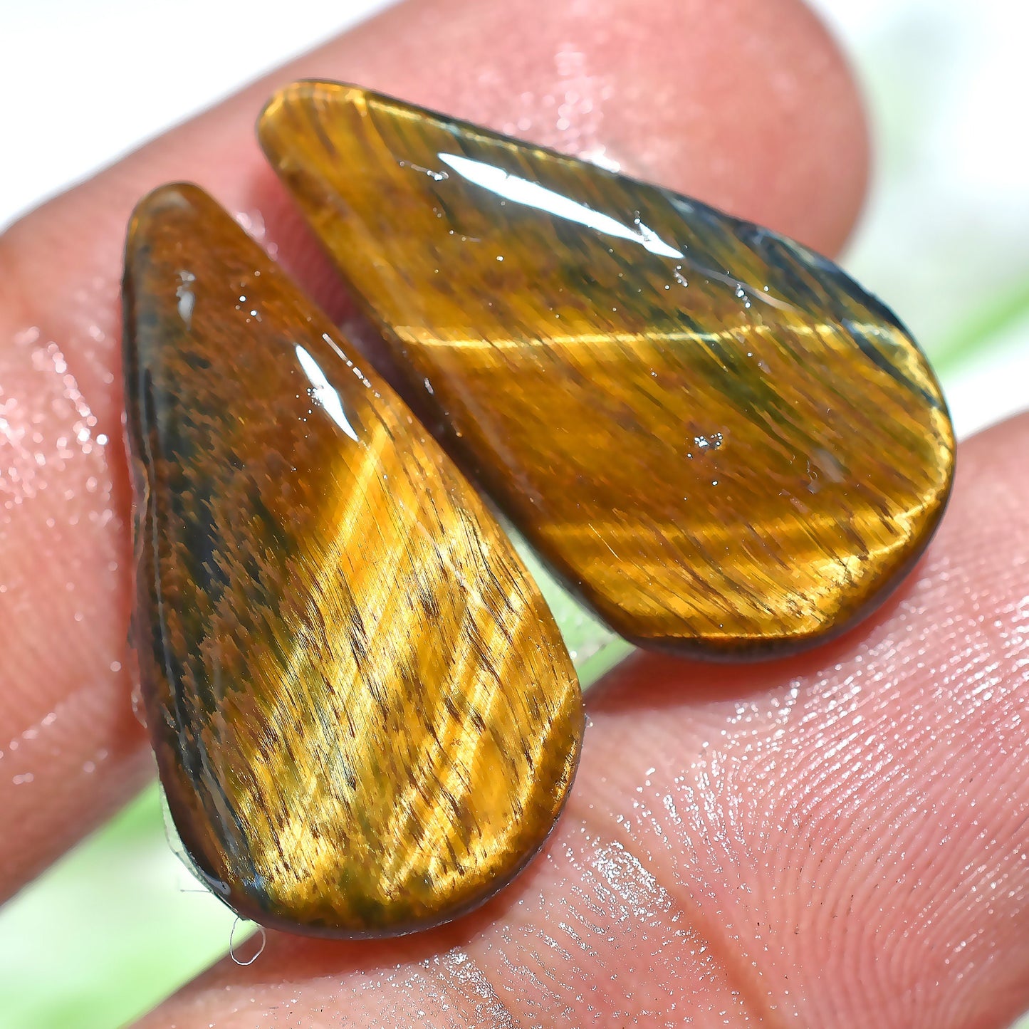 Top Quality Tiger Eye Cabochon Pair - Pear Shaped, Smooth Polished Gemstones
