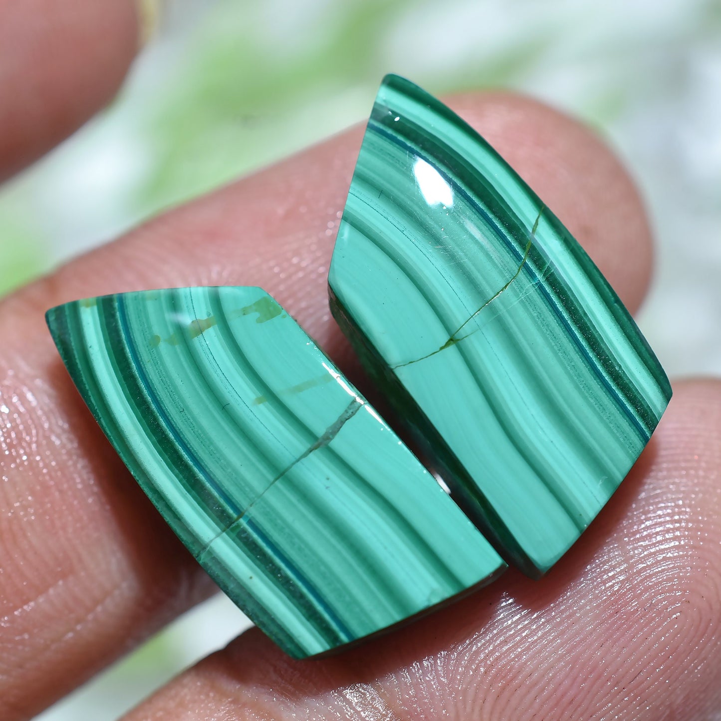 Green Malachite Gemstone Cabochon Pair - Polished Flat Back Stone for Dangle Earrings